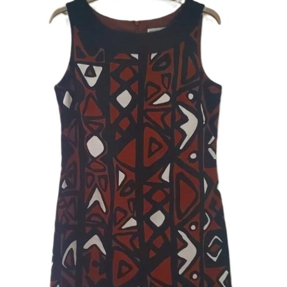 Aztec Tribal Pattern Fitted Dress Sleeveless Short Cotton Knit Brown Black White - Picture 1 of 9